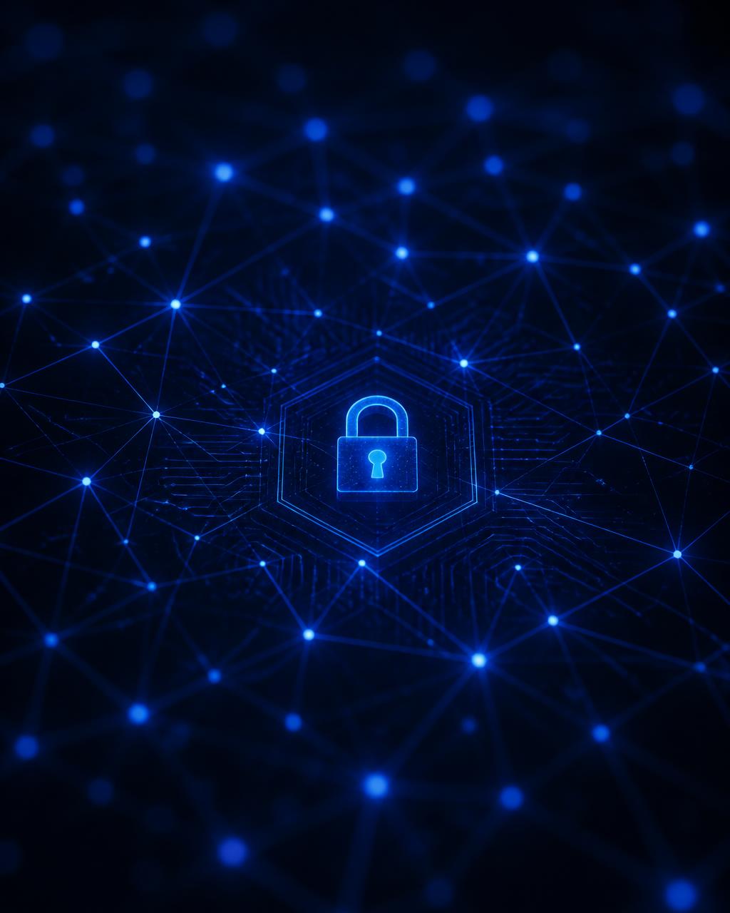 Glowing padlock at the center of a digital network lattice